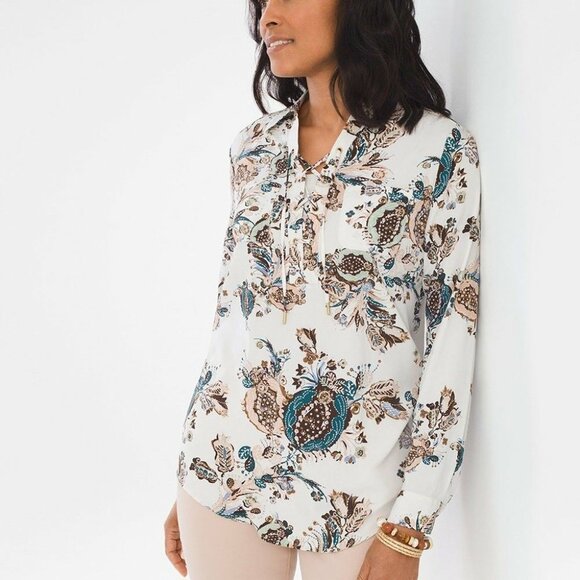 Chico’s Silky Soft Botanical Boho Festival Lace-Up Tunic Size 1 Modal Blend - Picture 1 of 16